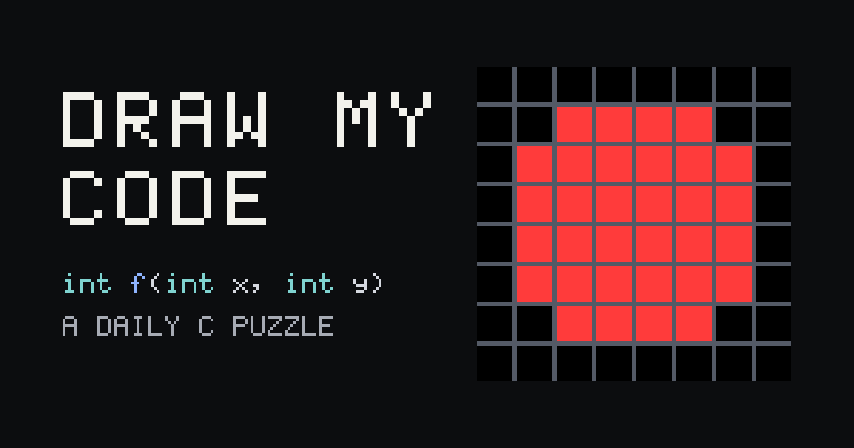 The title Draw my code and the line int f(int x, int y), beside a red disc painted on an 8×8 grid